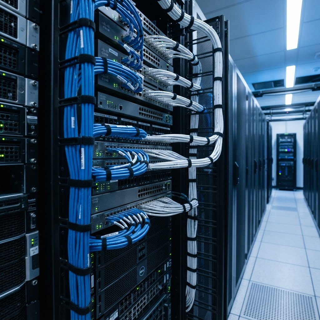 Enterprise server rack with neatly organized network cabling